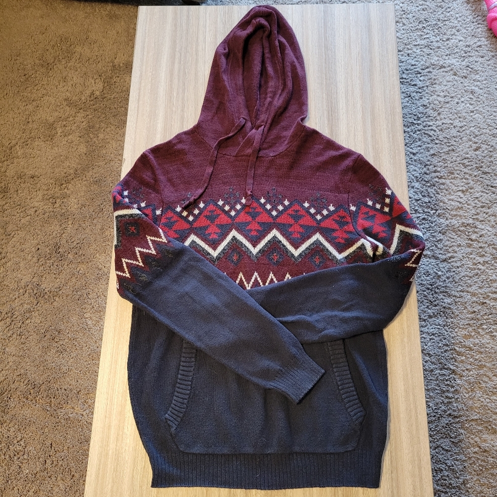 American Eagle Wool Blend Hoodie Sweater Southwest Print Knit Blue Mens S Aztec